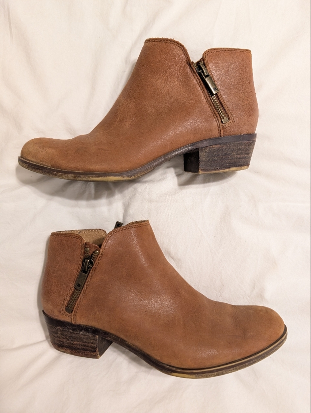 Lucky Brand Burklee Ankle Bootie Saddle Brown Leather With Double Zips Size 6.5